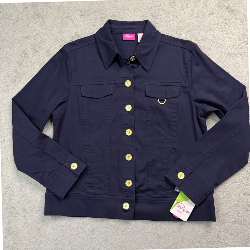 Pappagallo Petite Navy Blue Cotton Utility Jacket Gold Buttons NWT Petite Small